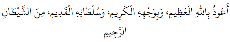 I seek protection in Allah the Tremendous, His Noble Countenance, and His pre-eternal Sovereign Might from Shaytan the rejected.