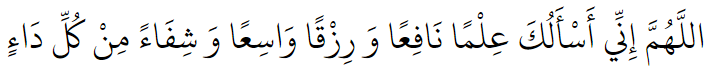 O Allah, I ask You for knowledge that is beneficial, provision that is abundant and a cure from every illness.